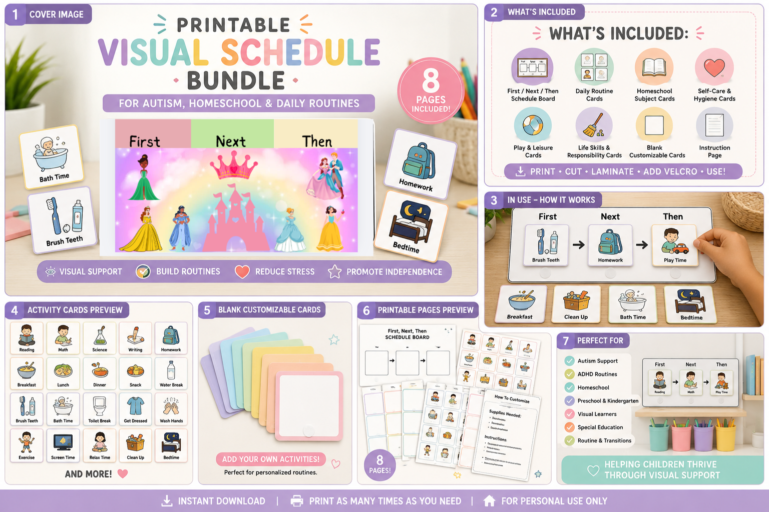 Princess Printable Autism Visual Schedule Bundle | First Next Then Board | Homeschool Routine Cards